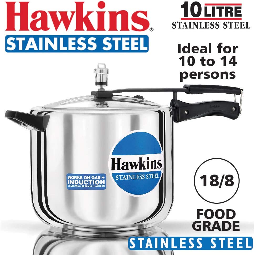 Hawkins 10-Liter Stainless Steel Pressure Cooker (Gas + Induction + Electric)