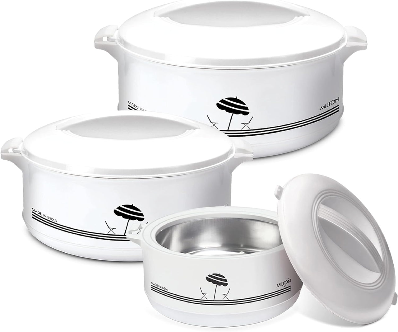 Milton Treat Hot Pot Insulated Casserole with Stainless Steel Insert, White - 1000/1500/2500 ML - 3PC Set