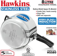 Thumbnail for Hawkins 8-Liter Stainless Steel Pressure Cooker (Gas + Induction + Electric)