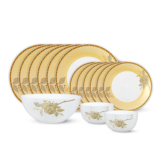 Larah by Borosil Sapphire Kohinoor Series Opalware Dinner Set | 19 Pcs for Family of 6 | Microwave & Dishwasher Safe | Bone-Ash Free | Crockery Set for Dining & Gifting | Plates & Bowls | White