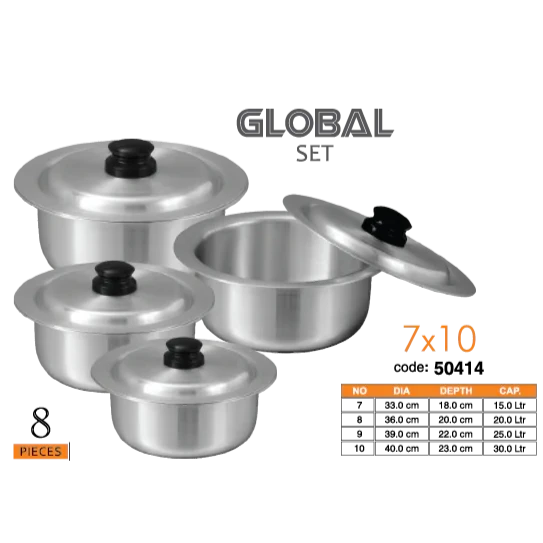 Sonex Global Metal Finish Aluminum Cooking Pots w/ Lids - 4pc Set - #7 to #10 - 50414