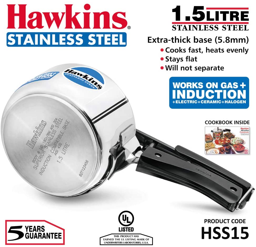 Hawkins 1.5 Liter Stainless Steel Pressure Cooker (Gas + Induction + Electric)