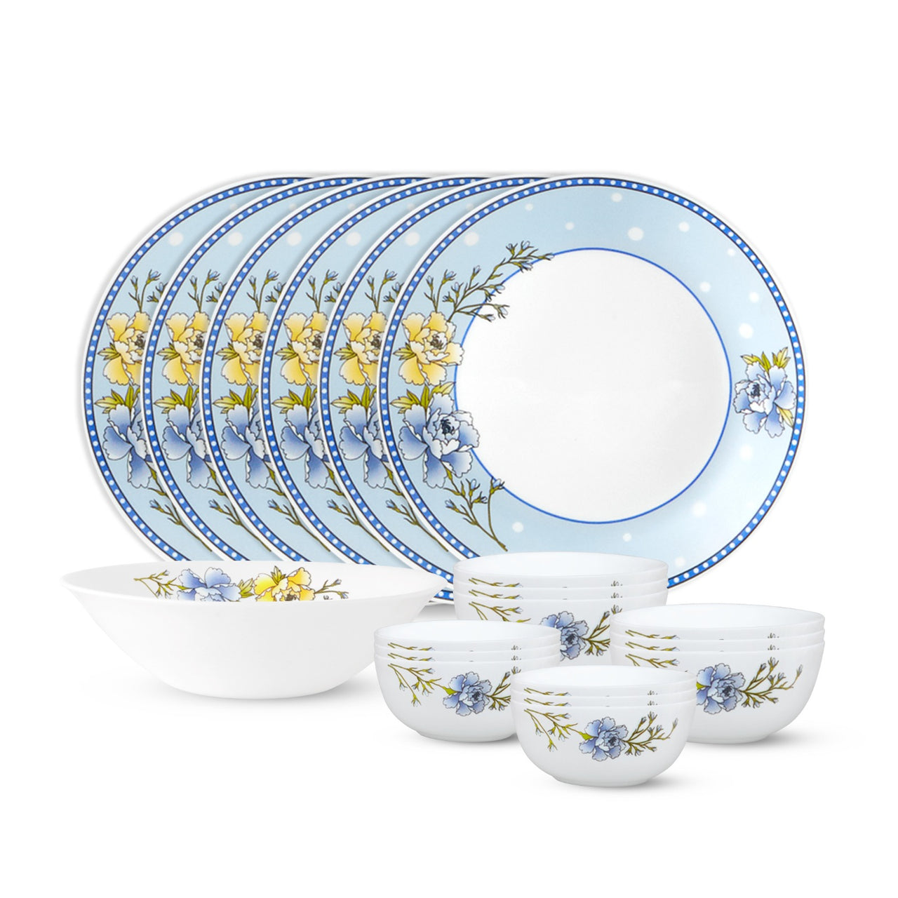 Larah by Borosil Sapphire Kohinoor Series Opalware Dinner Set | 19 Pcs for Family of 6 | Microwave & Dishwasher Safe | Bone-Ash Free | Crockery Set for Dining & Gifting | Plates & Bowls | White