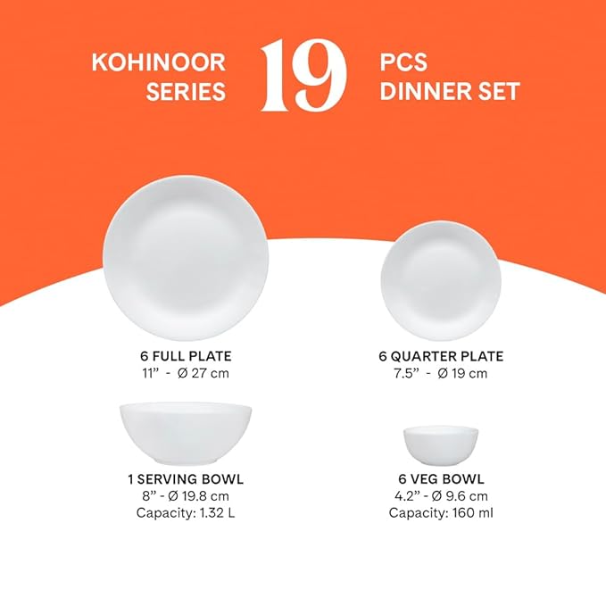 Larah by Borosil Sapphire Kohinoor Series Opalware Dinner Set | 19 Pcs for Family of 6 | Microwave & Dishwasher Safe | Bone-Ash Free | Crockery Set for Dining & Gifting | Plates & Bowls | White