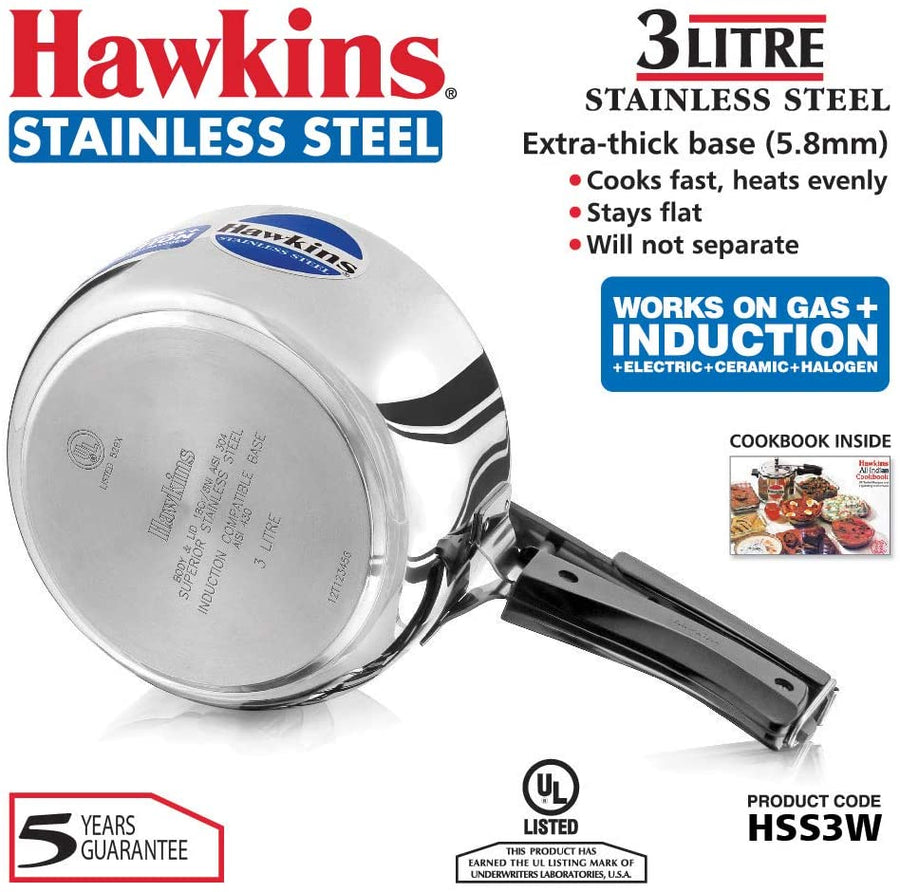 Hawkins 3-Liter wide Stainless Steel Pressure Cooker (Gas + Induction + Electric)