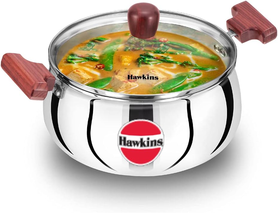Discover Excellence: Hawkins 4 Litre Cook n Serve Handi | Induction-Compatible Tri-Ply Stainless Steel | Glass Lid | Cooking Pot & Saucepan