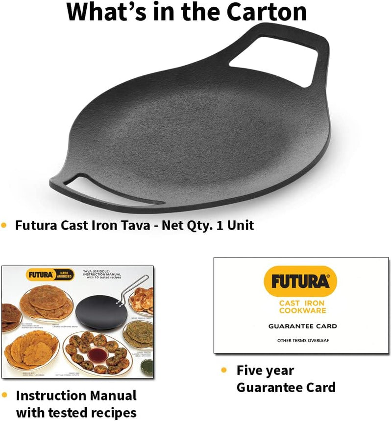Premium 24 cm Cast Iron Tava for Roti | Hawkins Futura Cast Iron Cookware | Durable & Versatile Kitchen Tool | Black (CIT24)