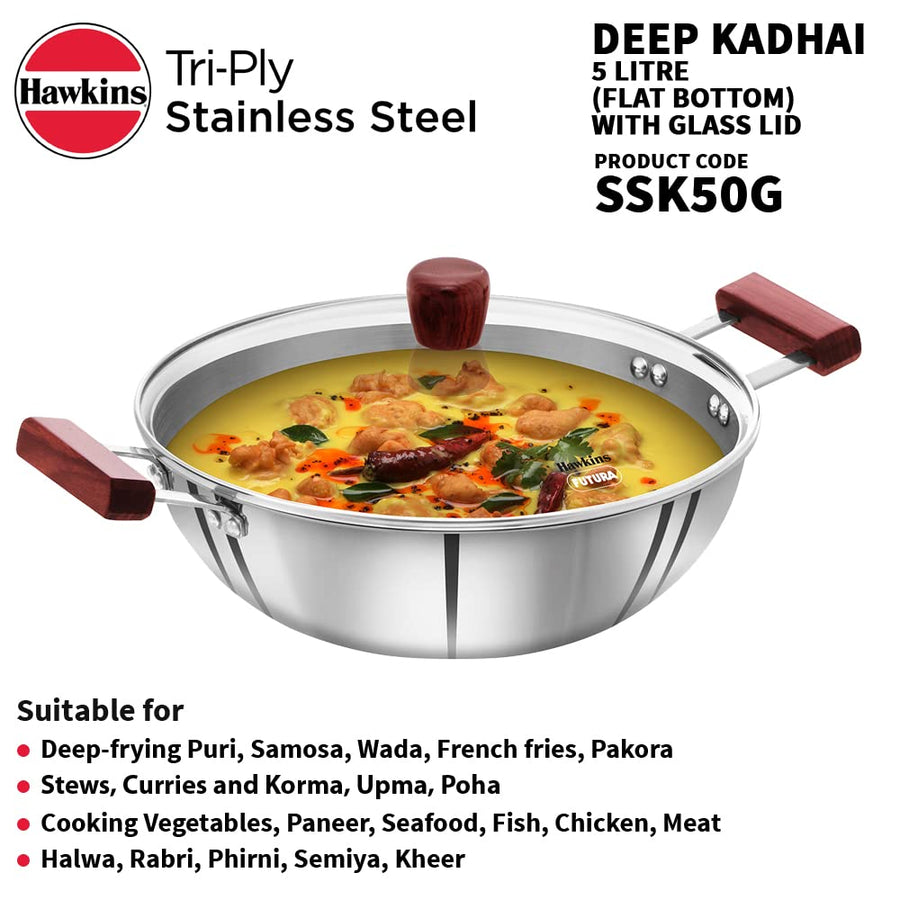 Hawkins 5L Triply Steel Deep Kadhai with Glass Lid Induction Flat Bottom SSK50G