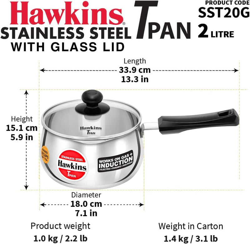 Premium 2 Litre Stainless Steel Induction Saucepan with Glass Lid - Hawkins SST20G