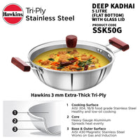 Thumbnail for Hawkins 5L Triply Steel Deep Kadhai with Glass Lid Induction Flat Bottom SSK50G