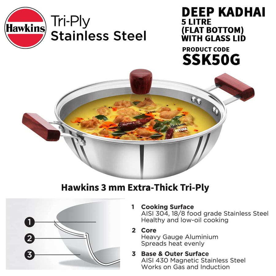 Hawkins 5L Triply Steel Deep Kadhai with Glass Lid Induction Flat Bottom SSK50G
