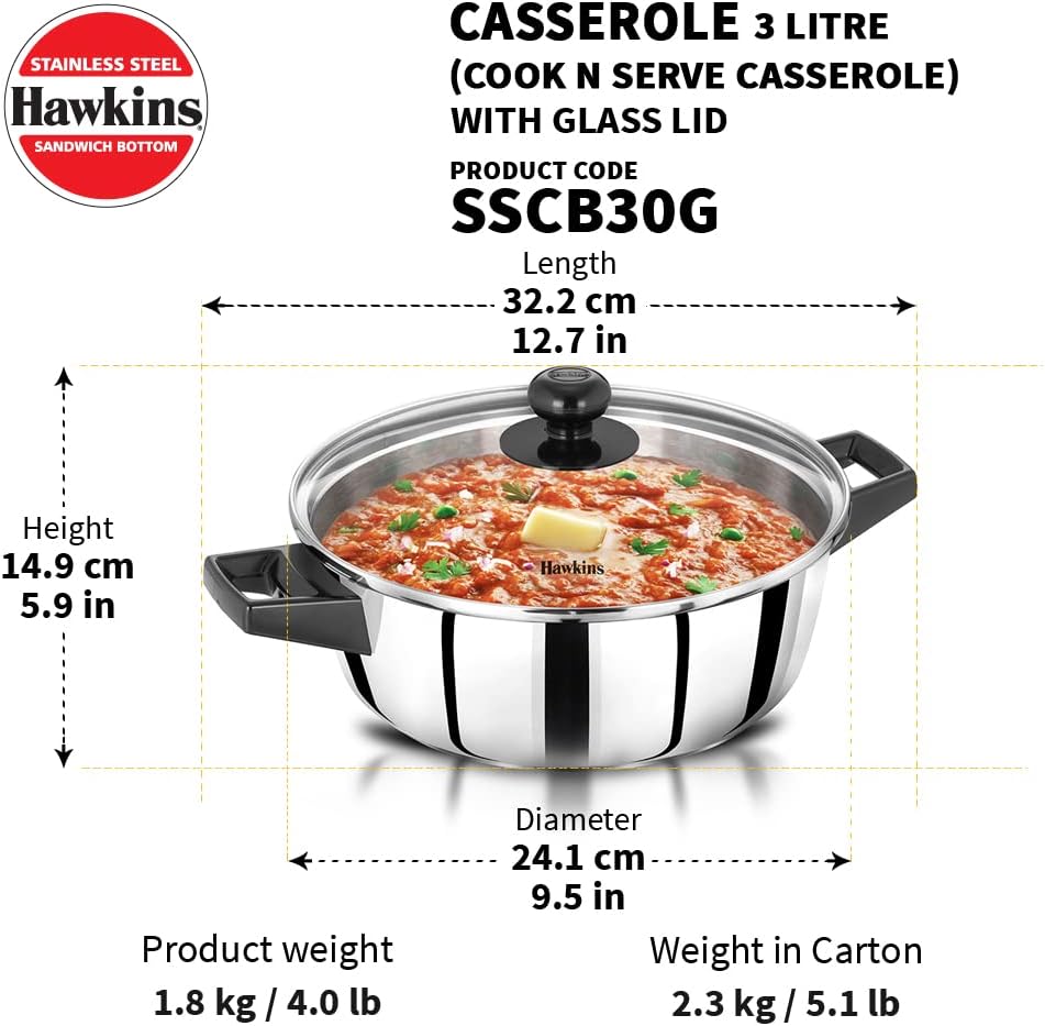 Premium 3L Induction Cook n Serve Casserole with Glass Lid - Stainless Steel Black Saucepan for Cooking and Serving | Hawkins SCCB30G