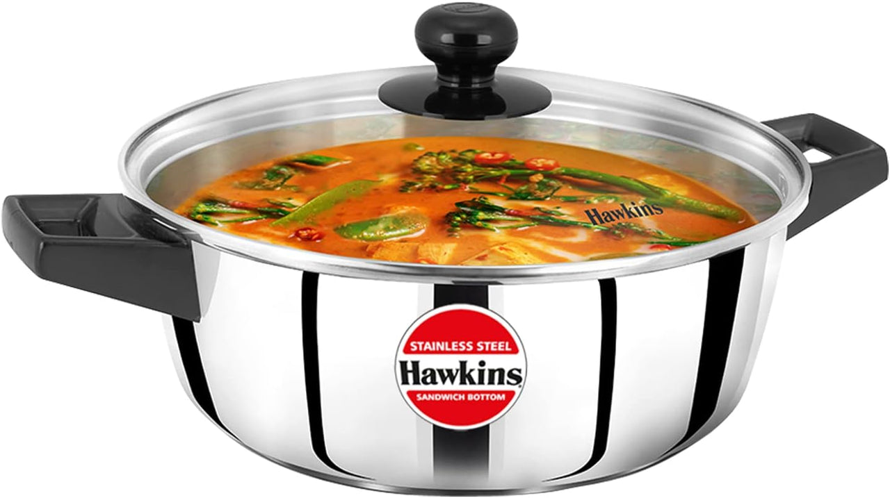 Premium 3L Induction Cook n Serve Casserole with Glass Lid - Stainless Steel Black Saucepan for Cooking and Serving | Hawkins SCCB30G