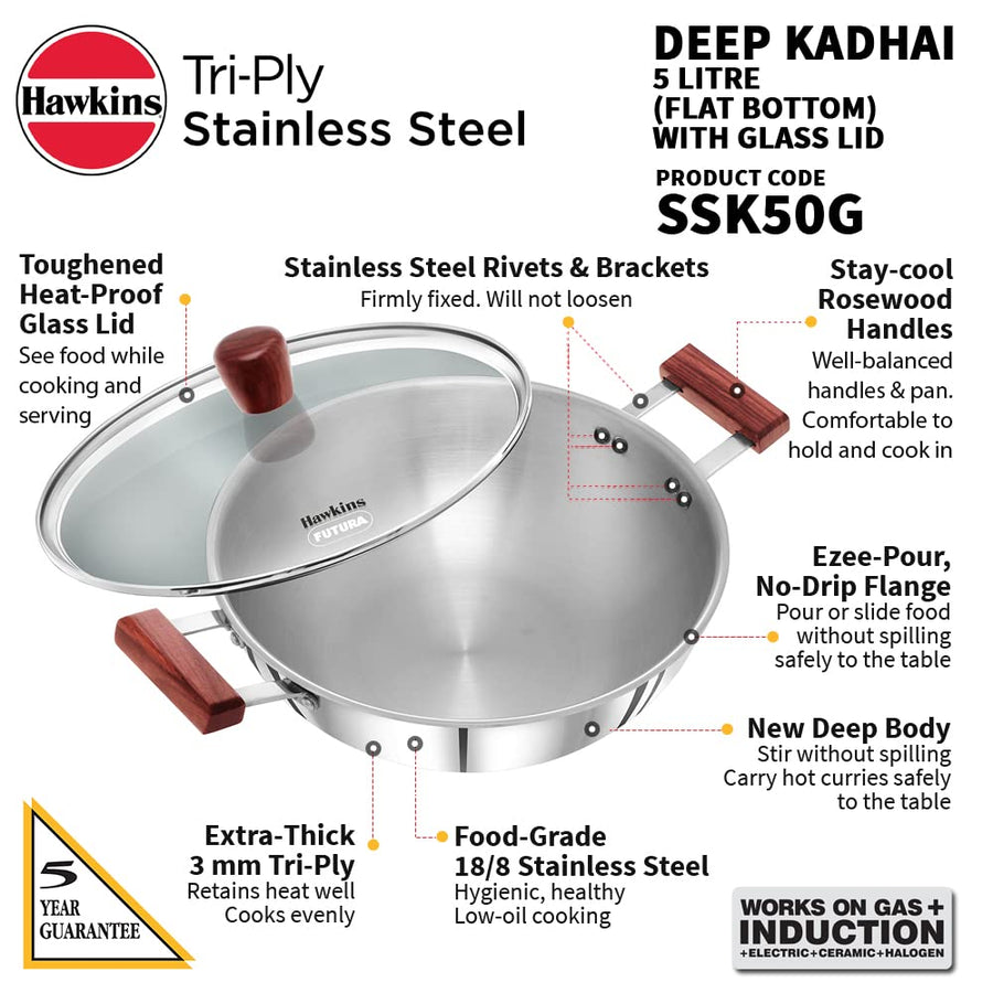 Hawkins 5L Triply Steel Deep Kadhai with Glass Lid Induction Flat Bottom SSK50G