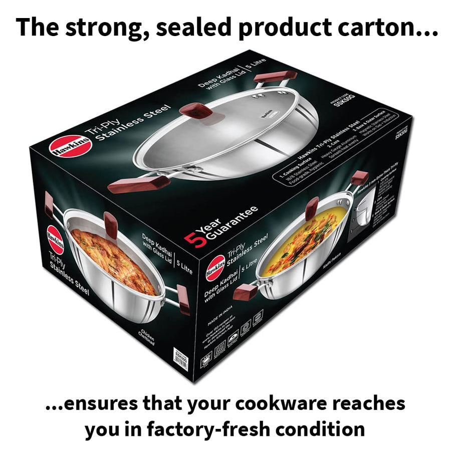 Hawkins 5L Triply Steel Deep Kadhai with Glass Lid Induction Flat Bottom SSK50G