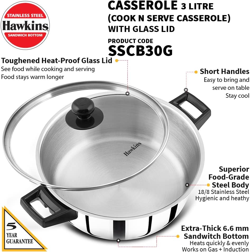 Premium 3L Induction Cook n Serve Casserole with Glass Lid - Stainless Steel Black Saucepan for Cooking and Serving | Hawkins SCCB30G