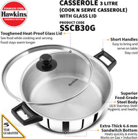 Thumbnail for Premium 3L Induction Cook n Serve Casserole with Glass Lid - Stainless Steel Black Saucepan for Cooking and Serving | Hawkins SCCB30G