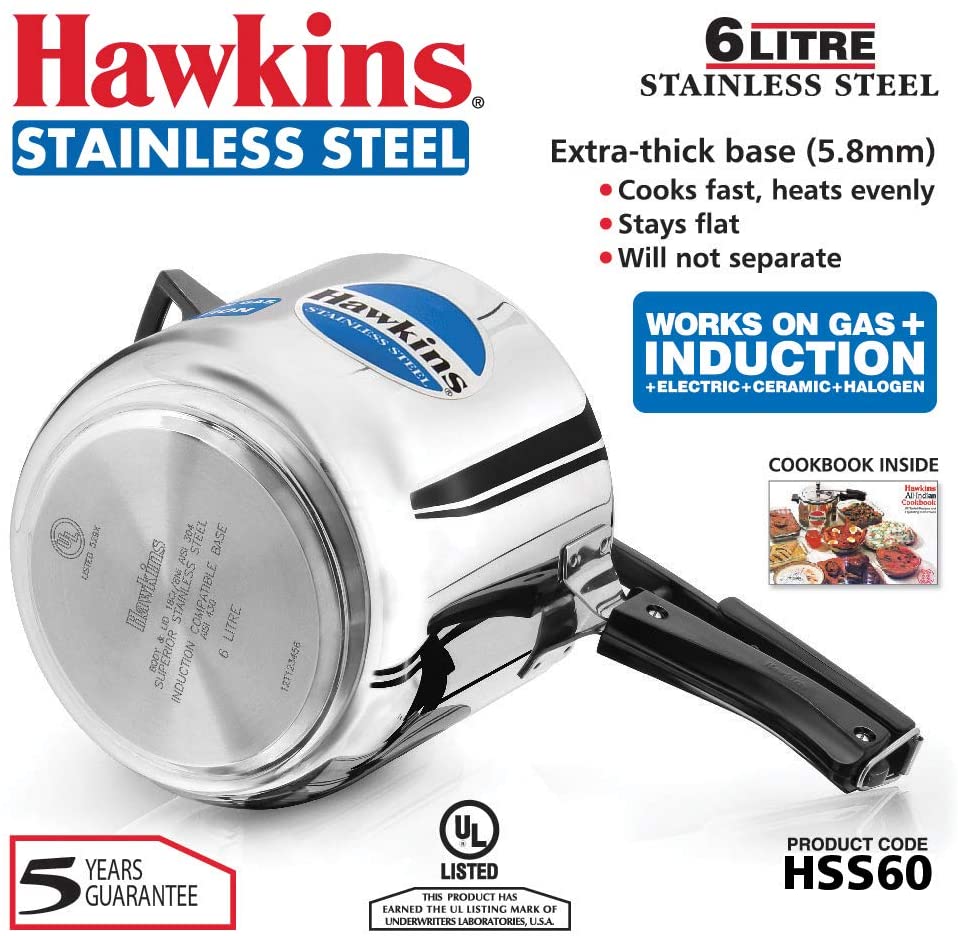 Hawkins 6-Liter Stainless Steel Pressure Cooker (Gas + Induction + Electric)