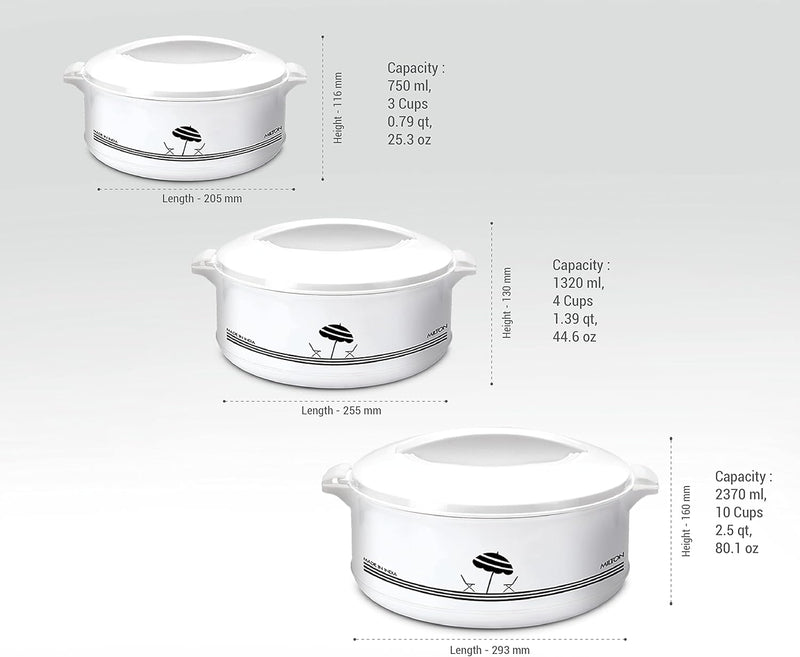 Milton Treat Hot Pot Insulated Casserole with Stainless Steel Insert, White - 1000/1500/2500 ML - 3PC Set