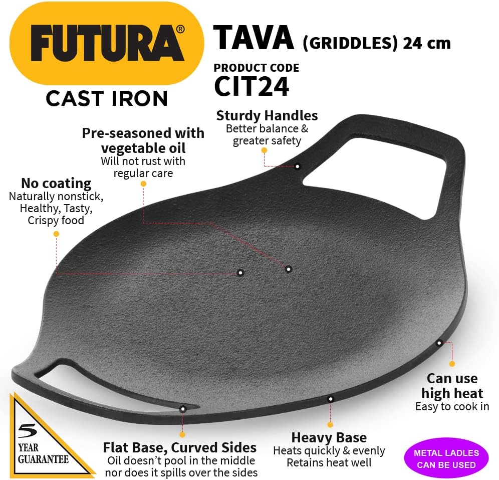 Premium 24 cm Cast Iron Tava for Roti | Hawkins Futura Cast Iron Cookware | Durable & Versatile Kitchen Tool | Black (CIT24)