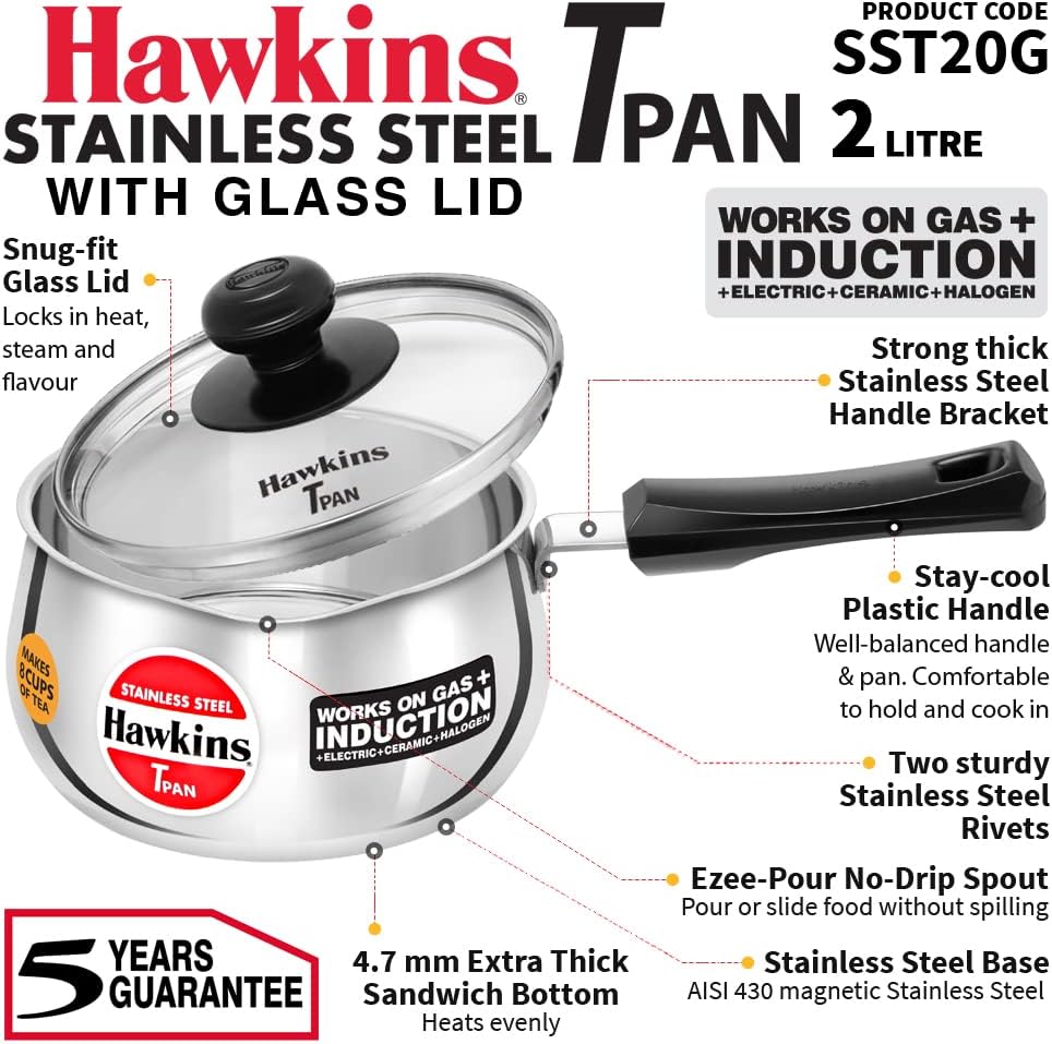 Premium 2 Litre Stainless Steel Induction Saucepan with Glass Lid - Hawkins SST20G