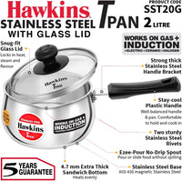 Thumbnail for Premium 2 Litre Stainless Steel Induction Saucepan with Glass Lid - Hawkins SST20G