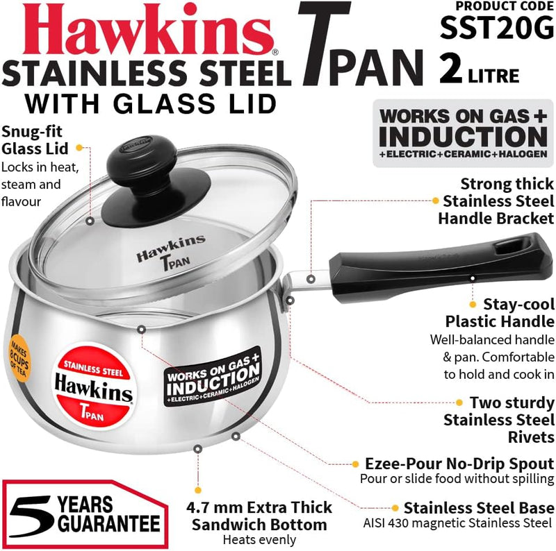 Premium 2 Litre Stainless Steel Induction Saucepan with Glass Lid - Hawkins SST20G
