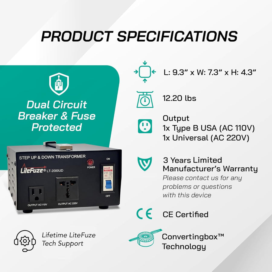 2000 Watt Voltage Converter Transformer - Dual Circuit Breaker Protection