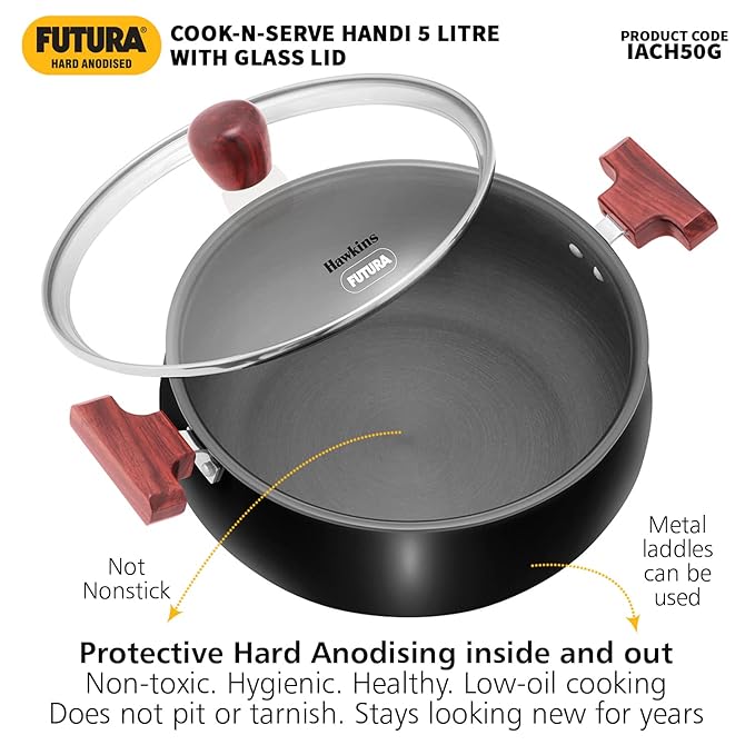 Futura 5L Biryani Handi Stock Pot Non-Stick Cook n Serve Pan by Hawkins ACH50G