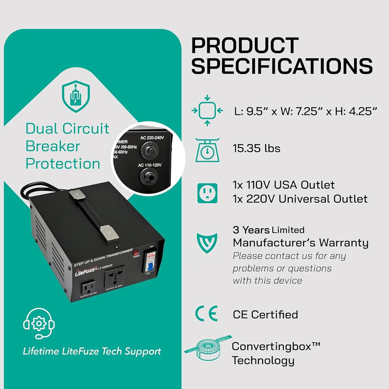3000 Watt Voltage Converter Transformer - Dual Circuit Breaker Protection