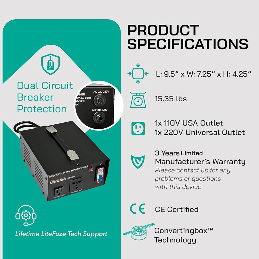 3000 Watt Voltage Converter Transformer - Dual Circuit Breaker Protection