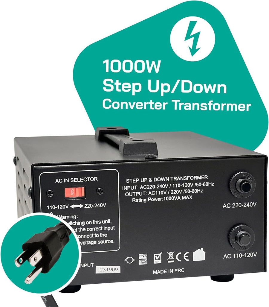 1000 Watt Voltage Converter Transformer - Dual Circuit Breaker Protection 1000