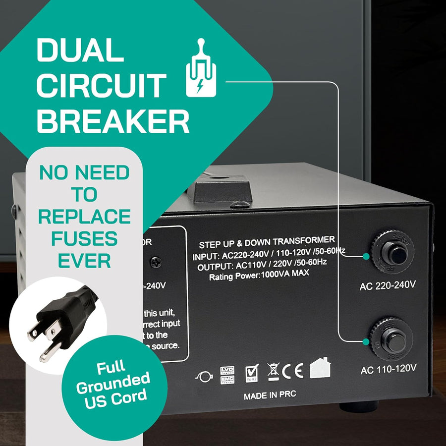 1000 Watt Voltage Converter Transformer - Dual Circuit Breaker Protection 1000