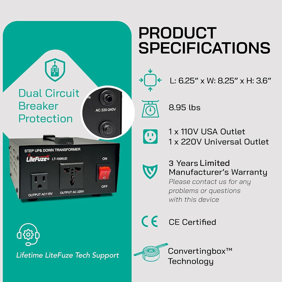 1000 Watt Voltage Converter Transformer - Dual Circuit Breaker Protection 1000