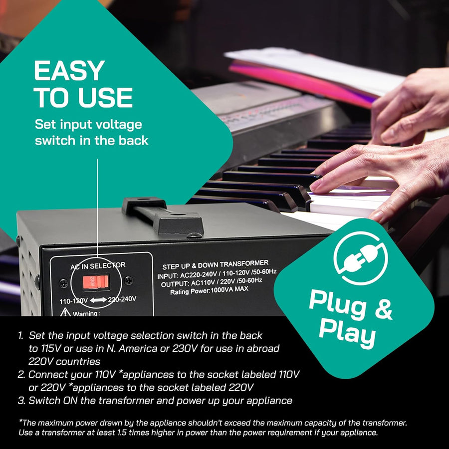 1000 Watt Voltage Converter Transformer - Dual Circuit Breaker Protection 1000