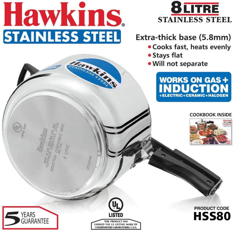 Hawkins 8-Liter Stainless Steel Pressure Cooker (Gas + Induction + Electric)