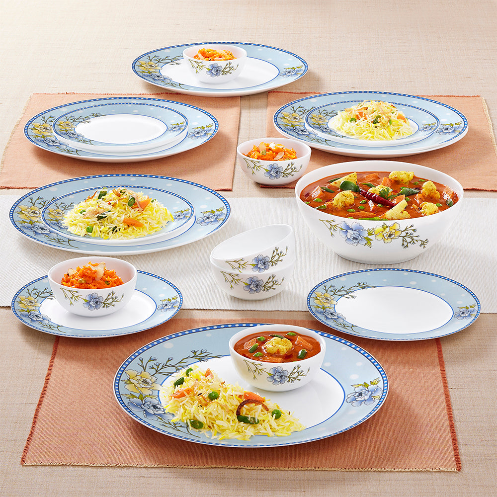 Larah by Borosil Sapphire Kohinoor Series Opalware Dinner Set | 19 Pcs for Family of 6 | Microwave & Dishwasher Safe | Bone-Ash Free | Crockery Set for Dining & Gifting | Plates & Bowls | White