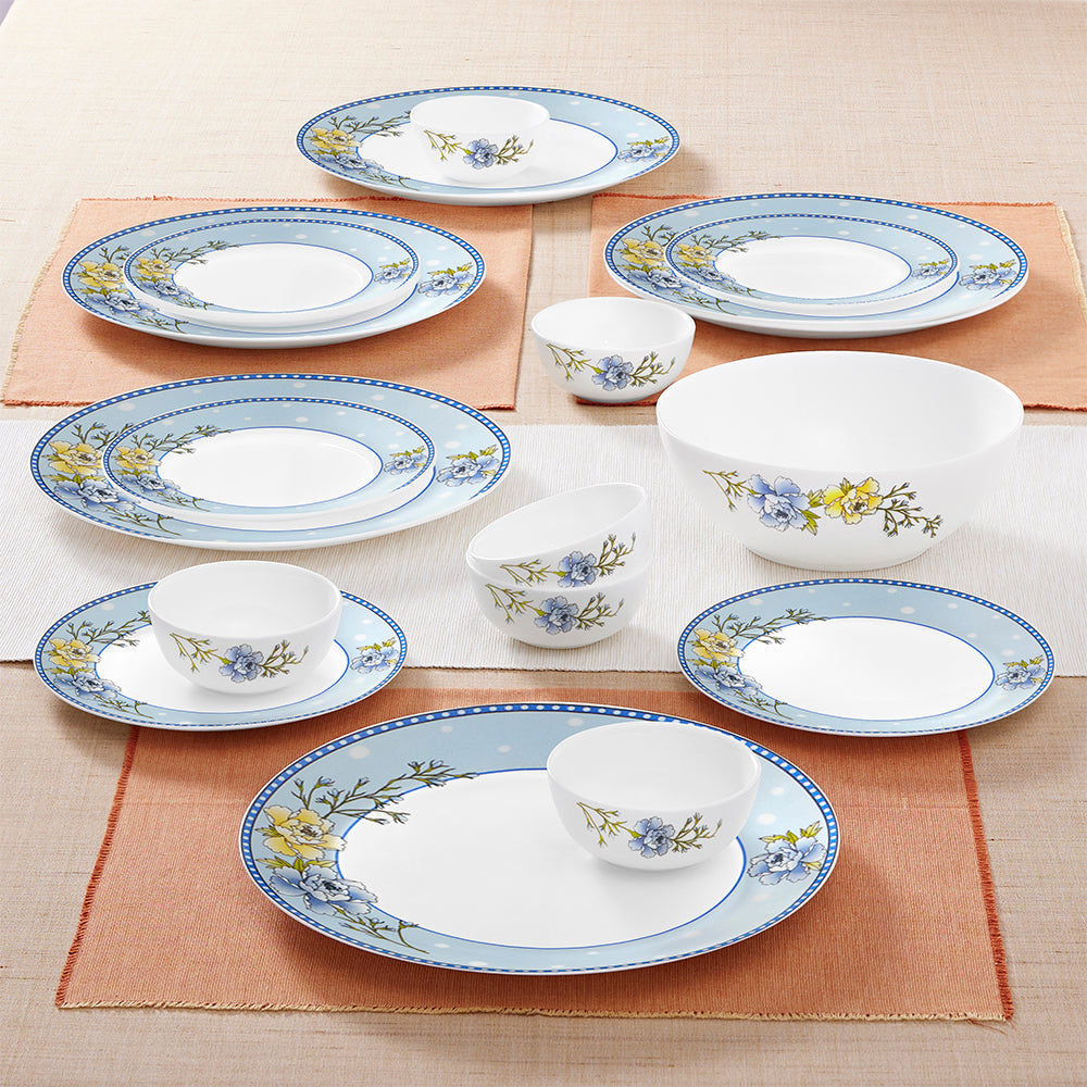 Larah by Borosil Sapphire Kohinoor Series Opalware Dinner Set | 19 Pcs for Family of 6 | Microwave & Dishwasher Safe | Bone-Ash Free | Crockery Set for Dining & Gifting | Plates & Bowls | White