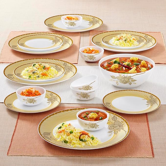 Larah by Borosil Sapphire Kohinoor Series Opalware Dinner Set | 19 Pcs for Family of 6 | Microwave & Dishwasher Safe | Bone-Ash Free | Crockery Set for Dining & Gifting | Plates & Bowls | White