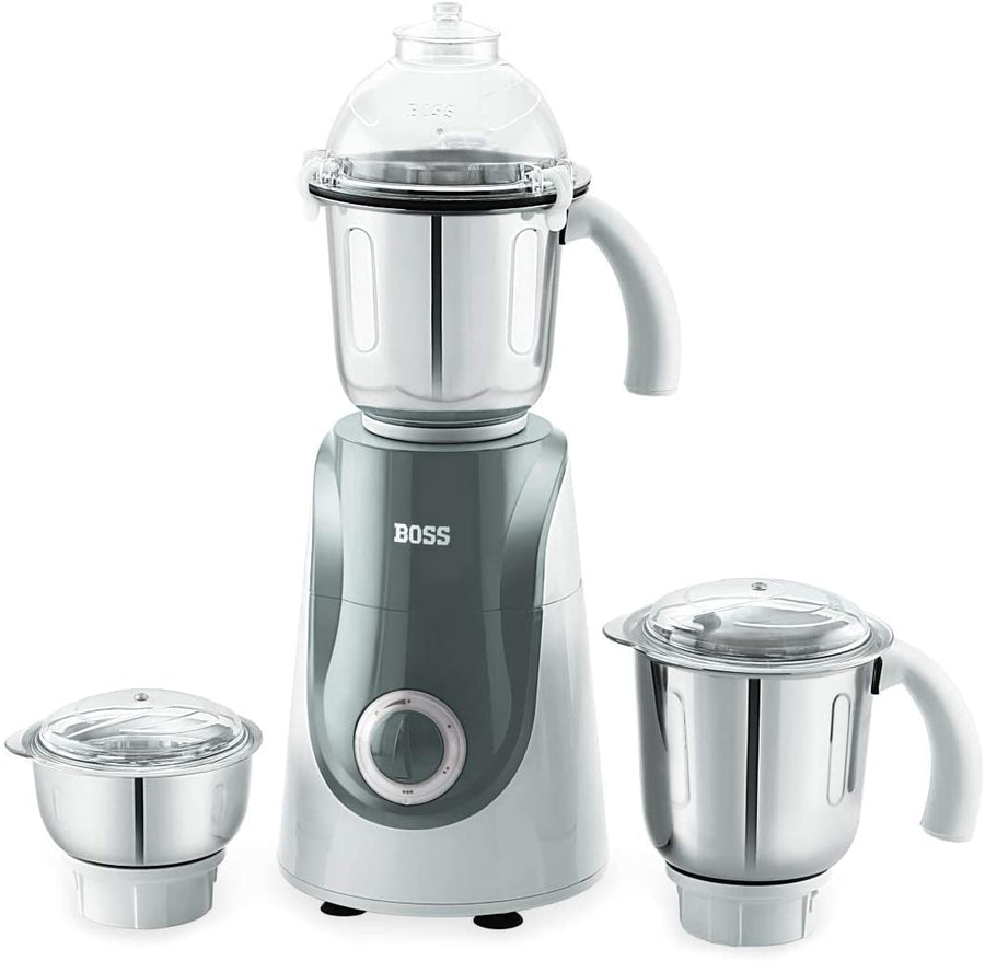 BOSS Crown Mixer Grinder, Jar Capacity: Wet Jar-1400 Dry Jar-1150 Chutney Jar-450 ML, White & Grey