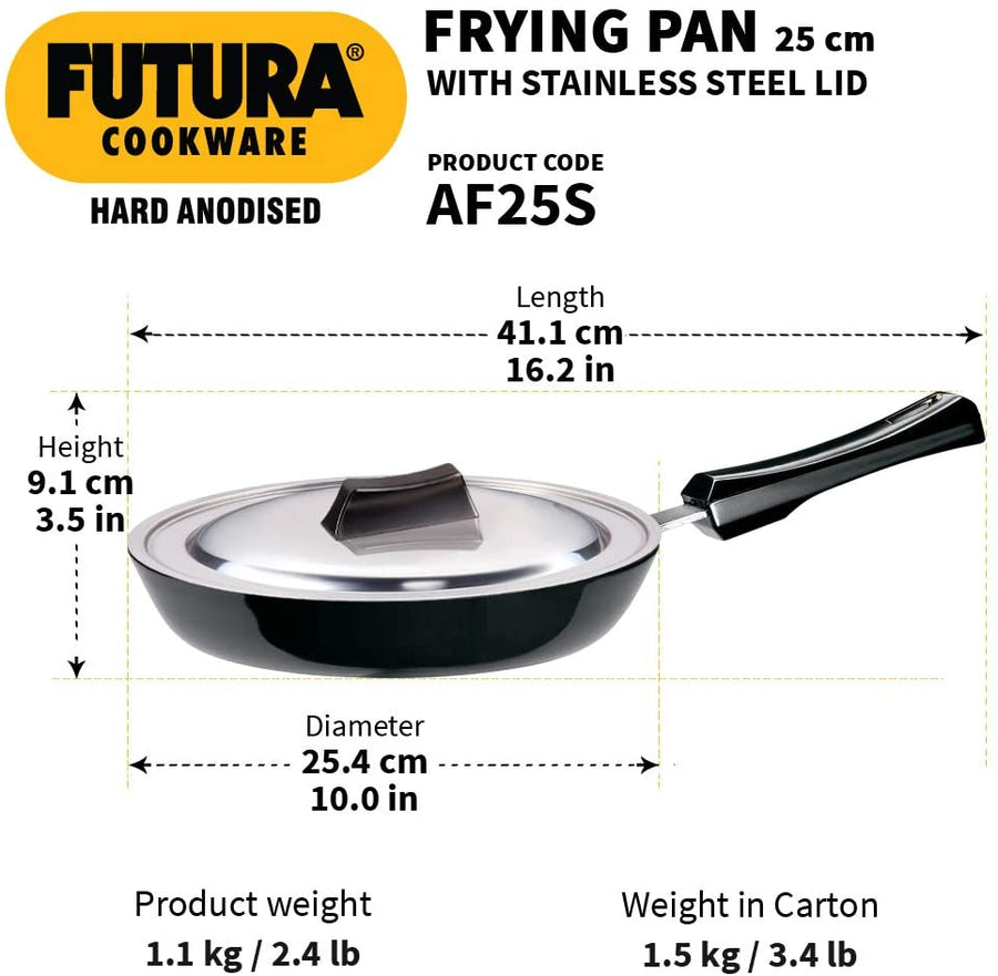 Futura Hard Anodised Frying Pan with Steel Lid, 25cm - Fry Pan
