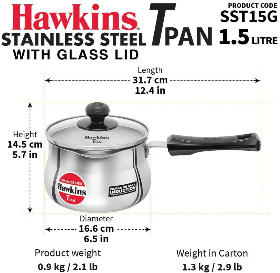 Hawkins Tpan Stainless Steel saucepan Tea Pan, with Lid, 1.5 Liters