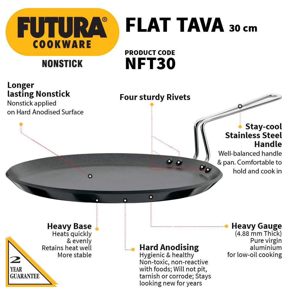 Hawkins Futura Nonstick Flat Tava, Diameter 30 cm, Thickness 4.88 mm, Black (NFT30)