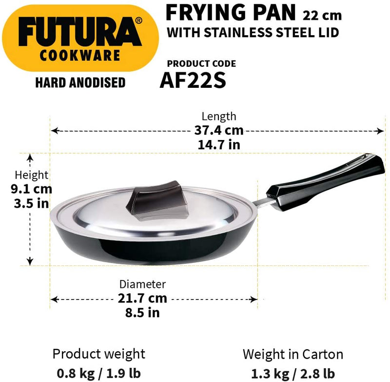 Hawkins Futura Hard Anodised Frying Pan With Steel Lid, 22cm Black - Fry Pan