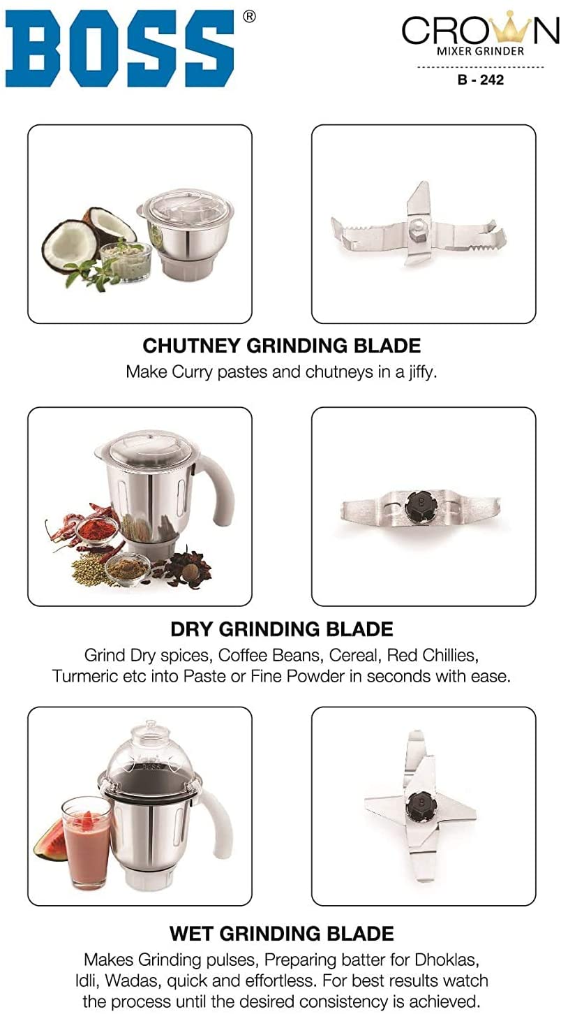 BOSS Crown Mixer Grinder, Jar Capacity: Wet Jar-1400 Dry Jar-1150 Chutney Jar-450 ML, White & Grey