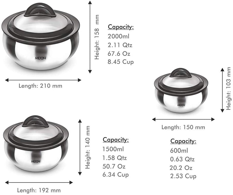 Milton Clarion Jr Thermo Stainless Steel Insulated Casserole Keep Hot/Cold Serving Dish Gift Set 600/ 1500/ 2000 - Glass Lid