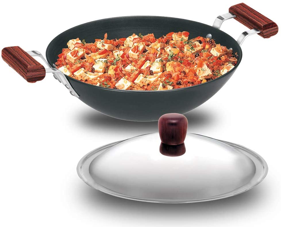 Futura Induction Compatible Hard Anodized Flat Bottom Deep Fry Pan / Kadhai with Stainless Steel Lid, 3.75 Liter