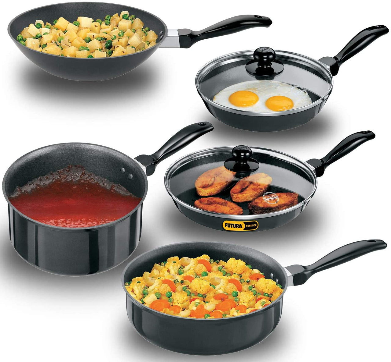 Hawkins Futura Non-Stick Cookware, 7 Pieces Set (QS5), 2 LTR, 3 LTR, 3.25 LTR , Black (NSET4)