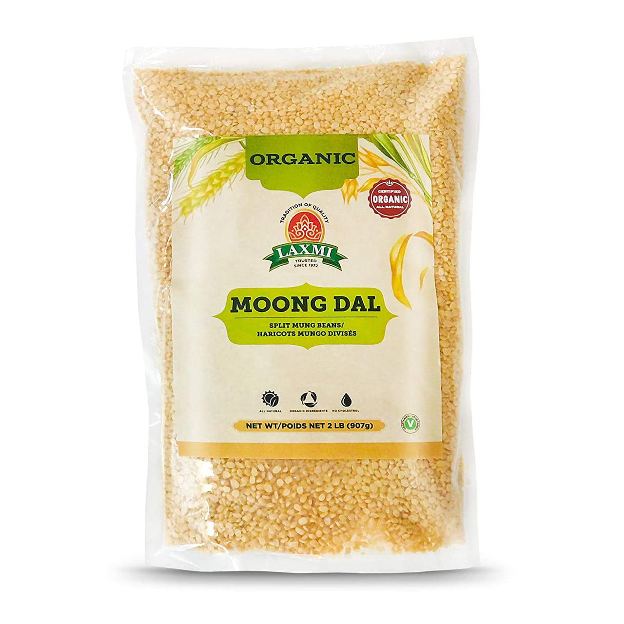 Laxmi Organic Moong Dal, Split Mung Beans, Haricots Mungo Fendus, All Natural (2lbs)