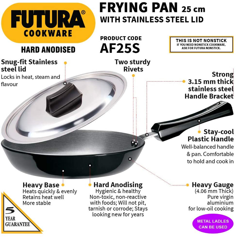 Futura Hard Anodised Frying Pan with Steel Lid, 25cm - Fry Pan